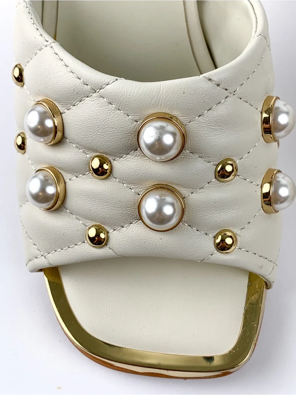 Karl Lagerfeld Paris Amina pearl studded heeled mules in ivory & gold size 6